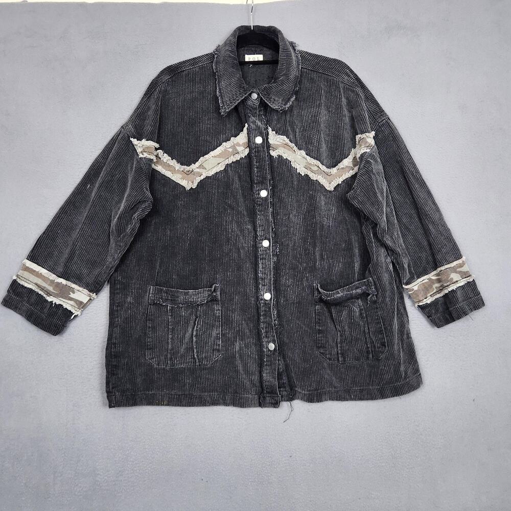 POL Corduroy Jacket Womens Small Gray Shacket Snap Button Lace Trim Boho